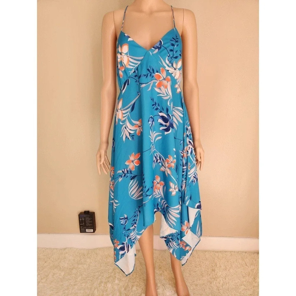 NWD Scanlan Theodore Leafy Print Asymmetrical Hem Dress Size US 4 Blue